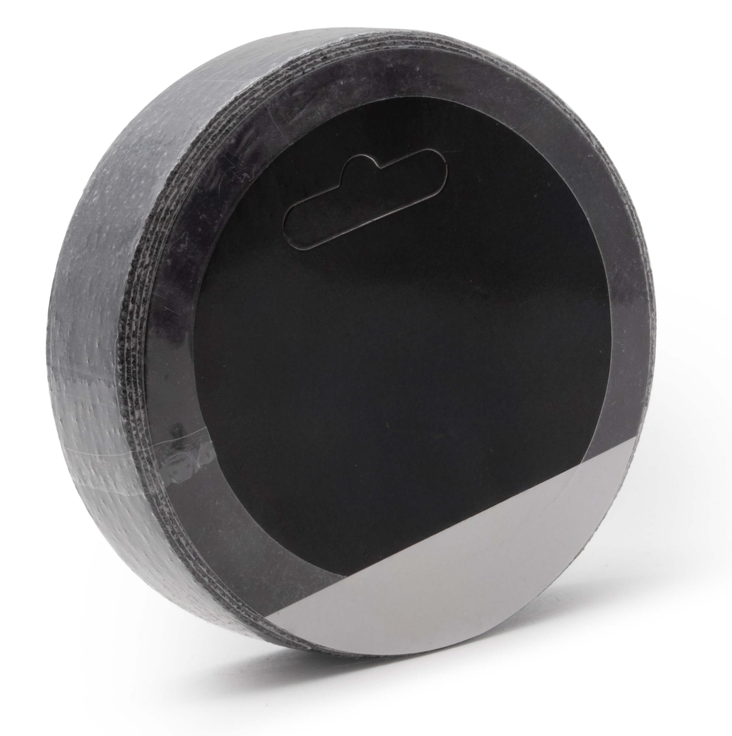 Close-up of back of a roll of black adhesive tape with a glossy finish, shrink-wrapped for retail display and storage.