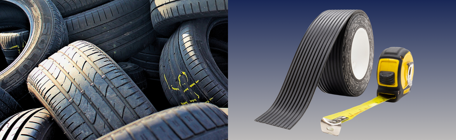 On the left of the image is a pile of rubber tires and on the right is the blue and grey blue gradient background with a ribbed rubber roll of tape and a tape measure.